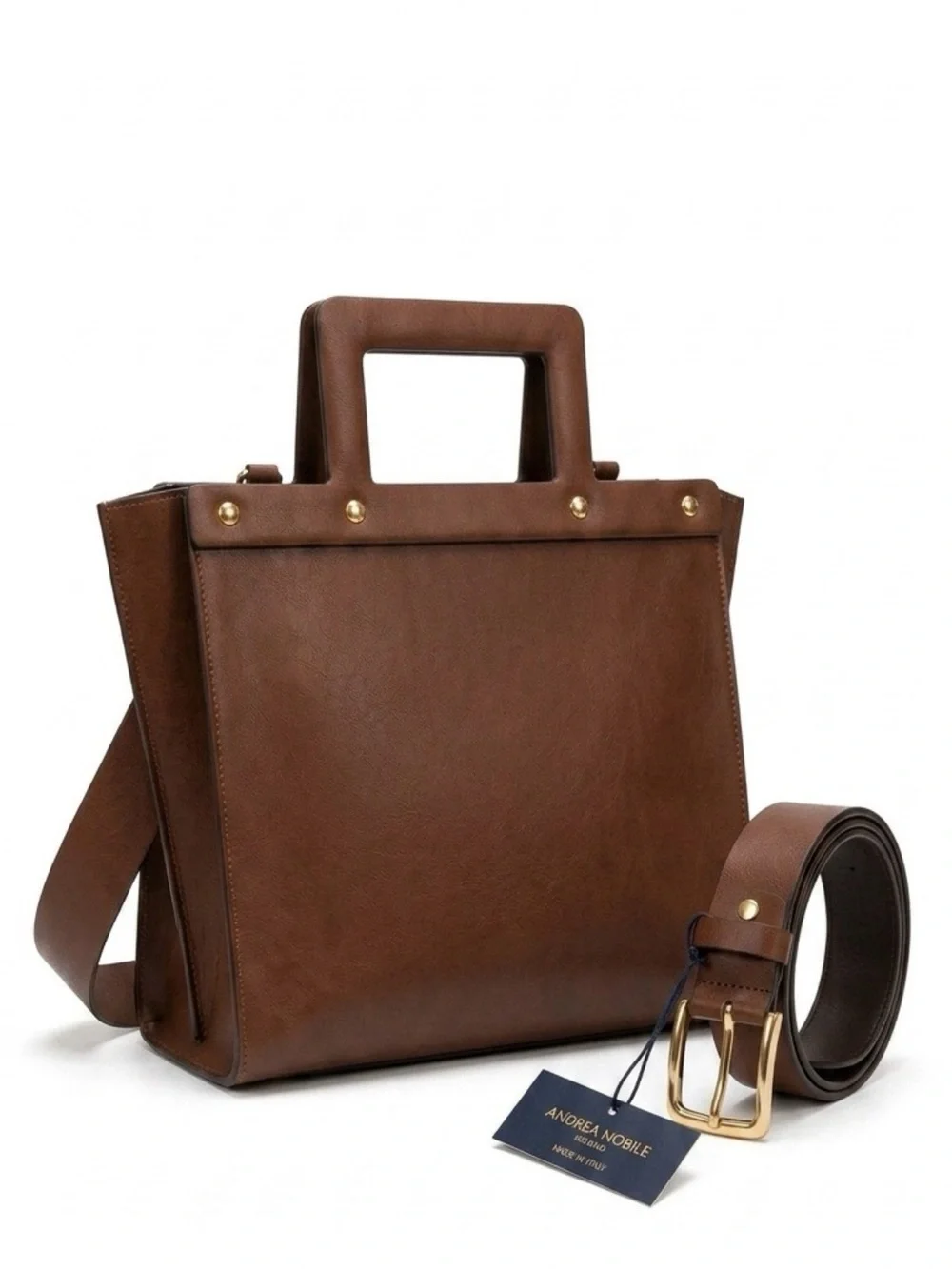 Brown Structured Leather Tote with Top Handle. Made in Italy
